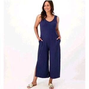 Cuddl Duds Flexwear V-Neck Wide Leg Jumpsuit Blue Women’s L Athleisure Lounging